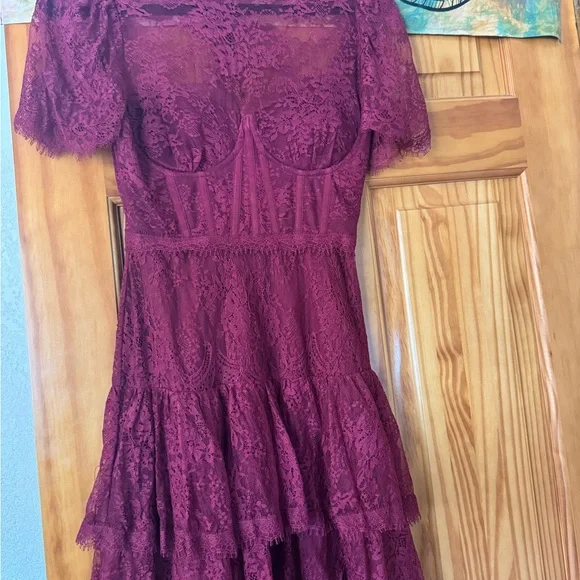 burgundy lace mini dress Aline v neck tulle lace short burgundy prom dresses, backless burgundy –  shdress main image 0